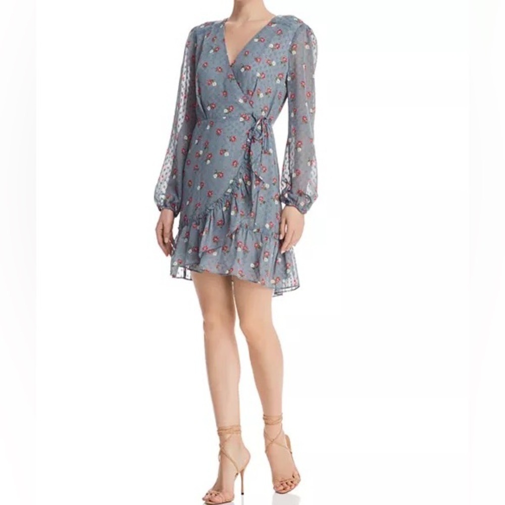 Wayf Eloise Floral Wrap Dress Clip Dot Ruffle Long Sheer Sleeve Tulip Hem Sz S - Picture 2 of 14